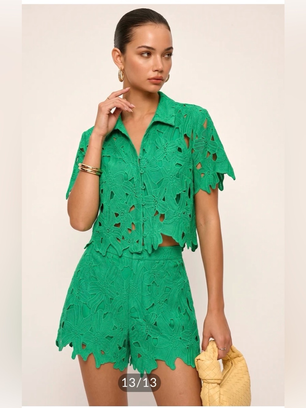 Commense Floral Lace Cropped Shirt & Shorts Set